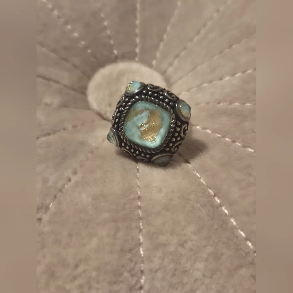 Noa 925 Turquoise gold leaf faceted quartz ladies ornate overlay ring Size 6.